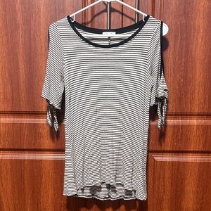 Maurices Black & White Striped Cold-Shoulder Tie Sleeve Top